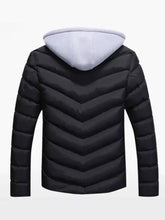 Men plus size black zip up puffer jacket with chevron quilting and contrasting light gray hood lining