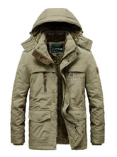 Men’s plus size zip insulated khaki parka coat with hood and multiple pockets for winter wear