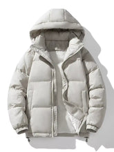 Men plus size light gray puffer jacket with hood quilted panels and elastic cuffs for cold weather wear