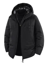 Men’s plus size zip hooded puffer jacket in black with shiny inner lining and two front zippered pockets