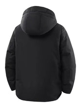 Men’s plus size zip hooded puffer jacket in black with quilted panels for warmth and comfort