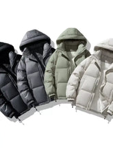 Men plus size zip up hooded puffer jackets in black gray olive green and beige with quilted stitching and hoods up