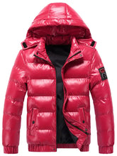 Vibrant red men’s plus size hooded puffer jacket with shiny quilted exterior and black inner lining zip up design