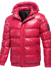 Men’s plus size vibrant red hooded puffer jacket with glossy finish quilted design and attached hood