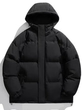 Men’s plus size zip black puffer jacket with hood and quilted design for winter outerwear