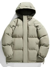 Men’s plus size zip up hooded winter coat in olive green quilted puffer design with adjustable hood