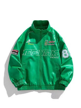 Men plus size vibrant green faux leather bomber jacket with white and black racing graphics and number 8 on sleeve