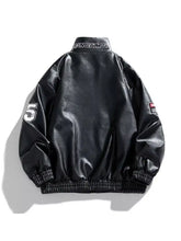 Men plus size black faux leather bomber jacket with white and red sleeve patches zip-up plus size jacket