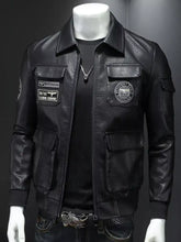 Men’s plus size zip up black leather bomber jacket with multiple pockets and patches made from genuine leather
