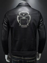 Men’s plus size zip up black leather bomber jacket with white embroidered eagle and vintage-inspired crest design