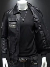 Men’s plus size zip up black leather bomber jacket with patchwork detailing and vintage-inspired design