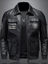 Men’s plus size zip black leather bomber jacket with multiple pockets and embroidered patches