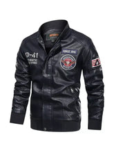 Men’s plus size black leather jacket with zip up front and decorative patches and embroidered details