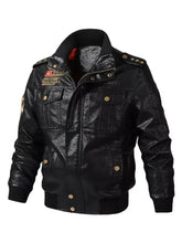 Men’s plus size zip up black faux leather bomber jacket with gold-tone buttons and embroidered patches