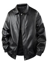 Men’s plus size zip up black faux leather bomber jacket with classic collar and elastic cuffs
