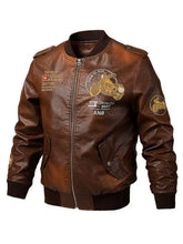 Men’s plus size zip up brown leather bomber jacket with gold motorcycle patches and embroidered text