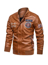 Men’s plus size brown leather jacket with embroidered patches and front zipper closure for casual wear