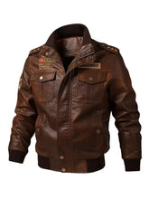 Men’s plus size zip up brown leather bomber jacket with military-style patches and gold-tone buttons
