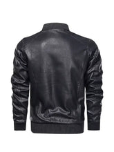 Men’s plus size black faux leather jacket with ribbed cuffs and hem zip up bomber style leather jacket