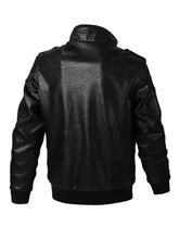 Men’s plus size zip up black faux leather bomber jacket with high collar and shoulder epaulets