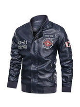 Men’s plus size black leather jacket with embroidered patches and american flag patch on sleeve zip up style