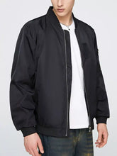 Men’s plus size black bomber jacket with sleek matte finish and silver zipper accents lightweight zip up design