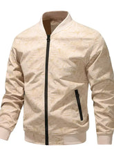 Men’s plus size zip up lightweight bomber jacket in beige with subtle leaf pattern and black zipper accents