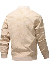 Beige mens plus size lightweight bomber jacket with zip closure and subtle monstera leaf pattern in matching tones