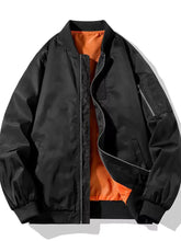 Men’s plus size zip up lightweight bomber jacket in black with vibrant orange lining and silver zippers, no olive green visible