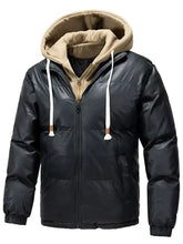 Men plus size black puffer jacket with tan-lined hood white drawstrings zip up long sleeve hooded jacket