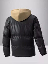Men plus size black zip up puffer jacket with beige hood long sleeve hooded outerwear