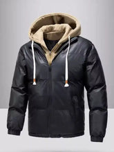 Men plus size black puffer jacket with beige-lined hood and white drawstrings zip up long sleeve outerwear
