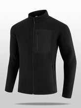 Men’s plus size black zip-up fleece jacket with high collar, front pocket, long sleeve length, machine wash and tumble dry