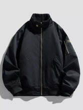 Men’s plus size long sleeve jacket in black bomber style with plush fleece collar and gold zip accents plus size zip