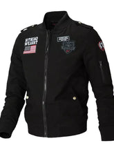 Men’s plus size zip up long sleeve black bomber jacket with embroidered american flag and shield patches