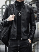 Men plus size black faux leather motorcycle jacket with quilted shoulder panels and silver zippers long sleeve zip up