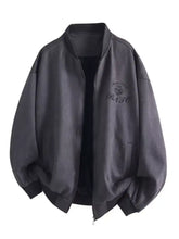 Men’s plus size zip up long sleeve jacket in dark gray with subtle sheen, embroidered logo, ribbed cuffs, and hem