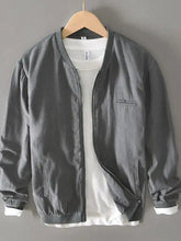 Men’s plus size zip gray bomber jacket with zippered front, ribbed cuffs and hem, and subtle stitching details
