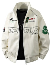 Men plus size cream bomber jacket with green and black graphic patches star motifs and 198 racing emblem on chest