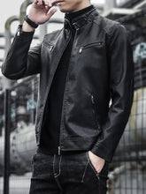 Men plus size black faux leather motorcycle jacket with silver zippers and high collar long sleeve zip up design