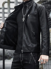 Men plus size black faux leather motorcycle jacket with zippered front and high collar long sleeve design