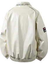 Men plus size cream bomber jacket with black piping and branded collar long sleeve zip up outerwear