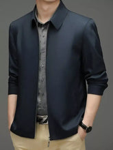 Men’s plus size long sleeve jacket in dark navy blue lightweight fabric with subtle sheen and silver zipper accents