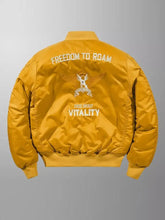 Back view of a golden-yellow men’s plus size zip up long sleeve bomber jacket with white embroidered text and winged emblem