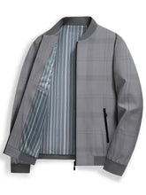 Men plus size gray plaid bomber jacket with long sleeve zip up and striped interior lining for casual wear