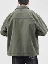 Men’s plus size olive green zip up long sleeve jacket with subtle triangular logo and reinforced stitching details