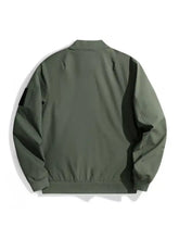 Men’s plus size zip up long sleeve olive green bomber jacket with black sleeve accents and ribbed hem size zip