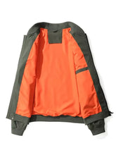 Men’s plus size long sleeve zip up bomber jacket in vibrant orange and dark green with ribbed cuffs and contrasting lining