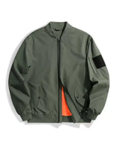 Men’s plus size zip up long sleeve olive green bomber jacket with black patch on left sleeve and orange lining