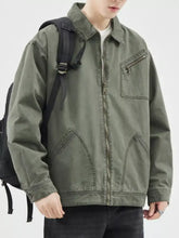 Men’s plus size zip olive green canvas jacket with zipper front chest and patch pockets long sleeve